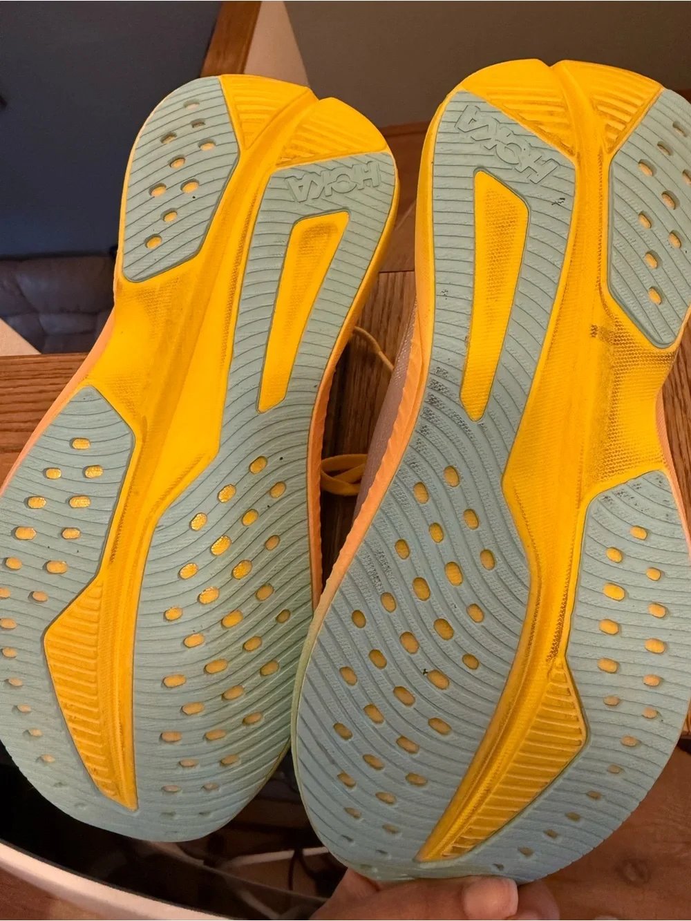 Hoka White Running Shoes with Yellow Laces & Pastel Gradient Midsole - Picture 5 of 7